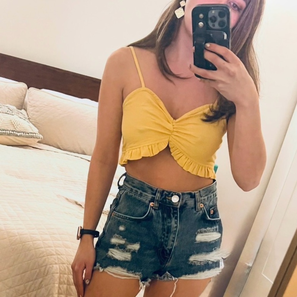 Yellow Ruffled Sweetheart Bust Crop Top Small